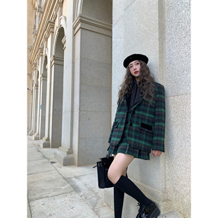 【现货】EAU DE MER 常青藤学院 丝绒拼接格纹毛呢西装外套背心裙