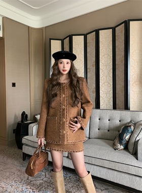 【现货】EAU DE MER 秋意浓 复古气质重工编织羊毛厚毛呢外套短裙