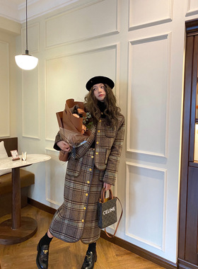 【现货】EAU DE MER 柏林少女 皮边复古格纹洋气保暖休闲毛呢套装