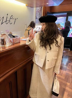 EAU DE MER 新法式新年套装小香风白格纹夹棉粗花呢编织外套/半裙