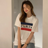 韩国chic夏季 简约百搭圆领套头字母图案印花设计宽松短袖 T恤上衣