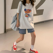 日系复古chic短袖 学生印花上衣 潮宽松休闲潮牌半袖 T恤女夏季 韩版