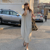 夏季 T恤连衣裙 短袖 通勤风百搭款 休闲复古慵懒风圆领宽松开叉长款