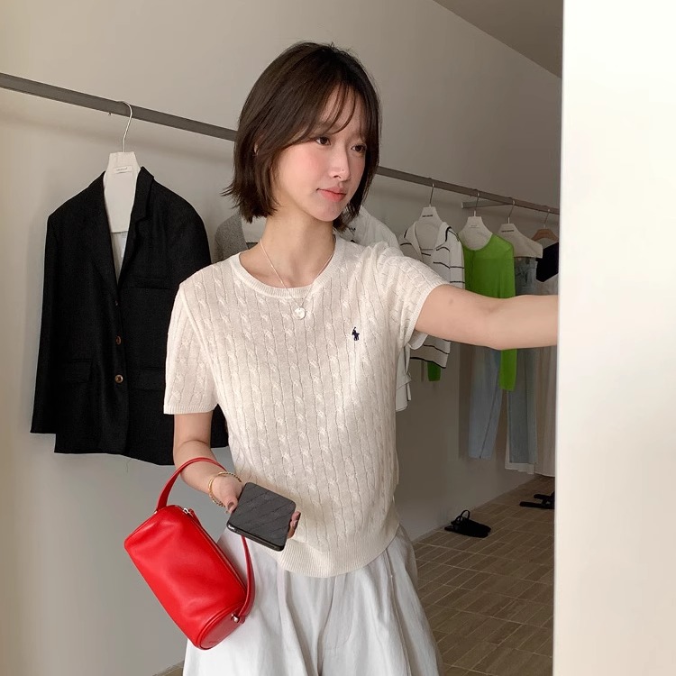 imiss麻花短袖针织衫女夏季2025新款韩系休闲纯色百搭圆领半袖T恤