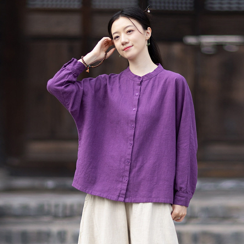 26夏新款纯色宽松开衫大码女装时尚立领砂洗苎麻薄款长袖衬衫上衣
