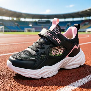 ABC女童夏季单网运动鞋学生黑色网面透气鞋儿童轻便软底跑步鞋子