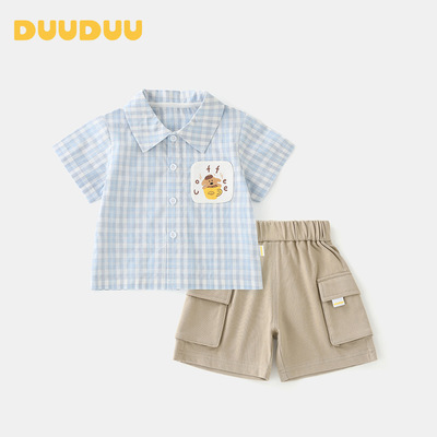 DUUDUU杯中熊2025夏季薄款短袖衬衣宝宝上衣衬衫短裤韩式男童套装