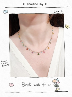 天然西瓜碧玺平安扣包金锁骨链