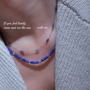 满天星项链桶珠锁骨链镀18k白金色极细法式新中式小众蓝纹石