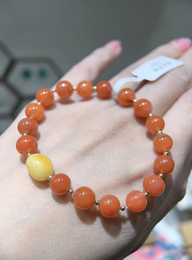 悦昕朝原创国风飘花天然南红蜜蜡单圈手串14k包金转运珠男女手链