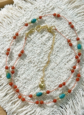 原创设计绿松石南红锁骨链女款