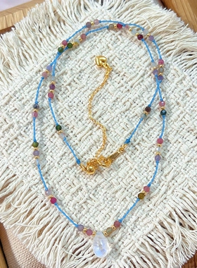 原创设计天然蓝月光石水滴碧玺项链女款镀金小众设计感彩色极细