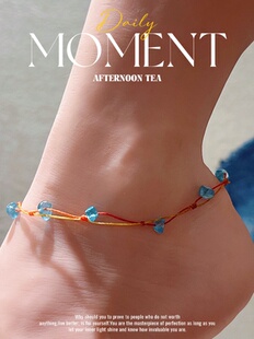 天然磷灰石碎石不规则天然石红色彩色绳编双层脚链原创小众设计