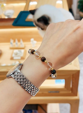 原创设计小众法式复古简约秋冬女天然白水晶黑檀手链饰叠戴秋冬