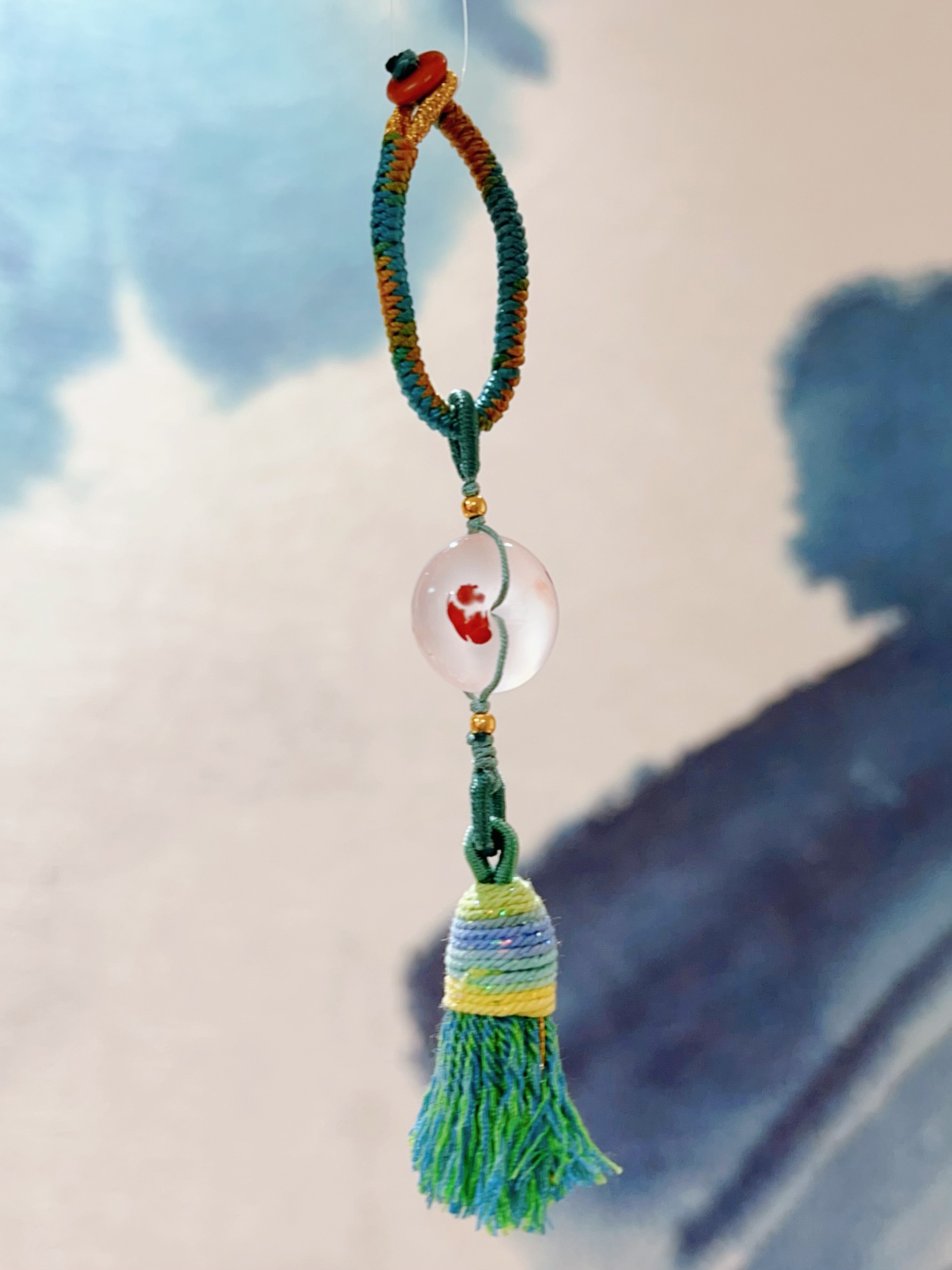 天然南红飘花平安扣挂件万能钥匙扣3D足金吊饰原创绳编流苏挂件