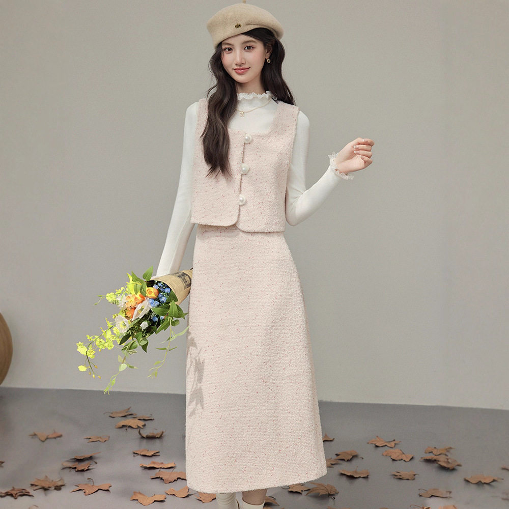 女装2025秋冬十三行新款法式轻奢粉色小香风马甲气质套装百搭通勤