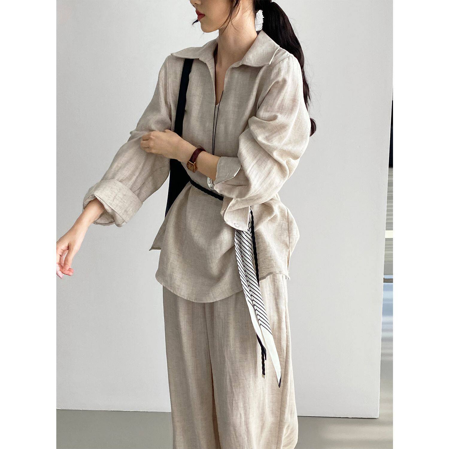 那末质感老钱风套装~天丝亚麻V领衬衫＋松紧腰阔腿裤两件套女6117