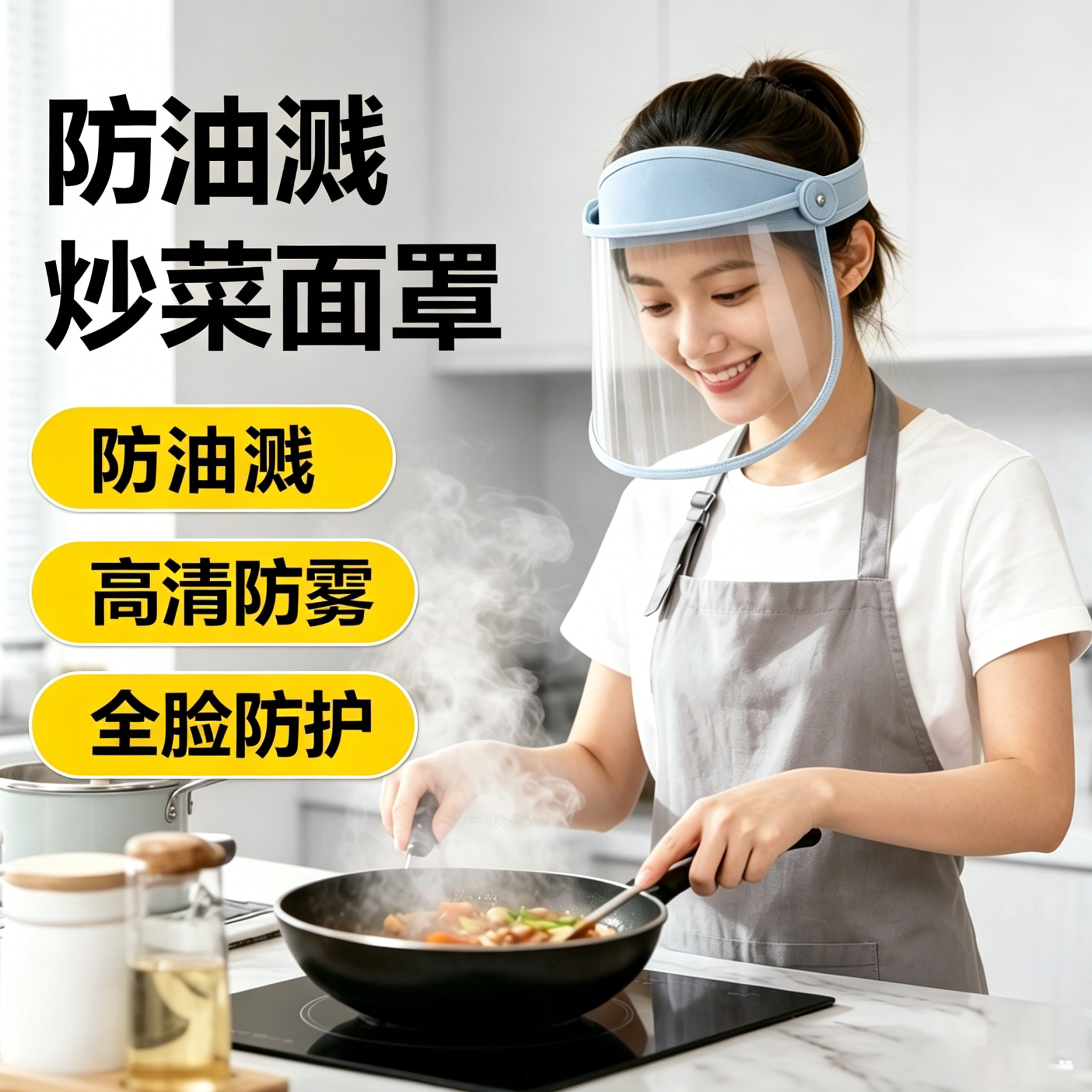 厨房炒菜防油溅面罩全脸防护可戴眼镜双面防雾上下旋转防油烟高清