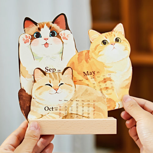 萌宠猫咪小狗立体台历2026年卡通可爱治愈系高颜值办公室桌面摆件学生中高考倒计时打卡木质月历新年礼物定制