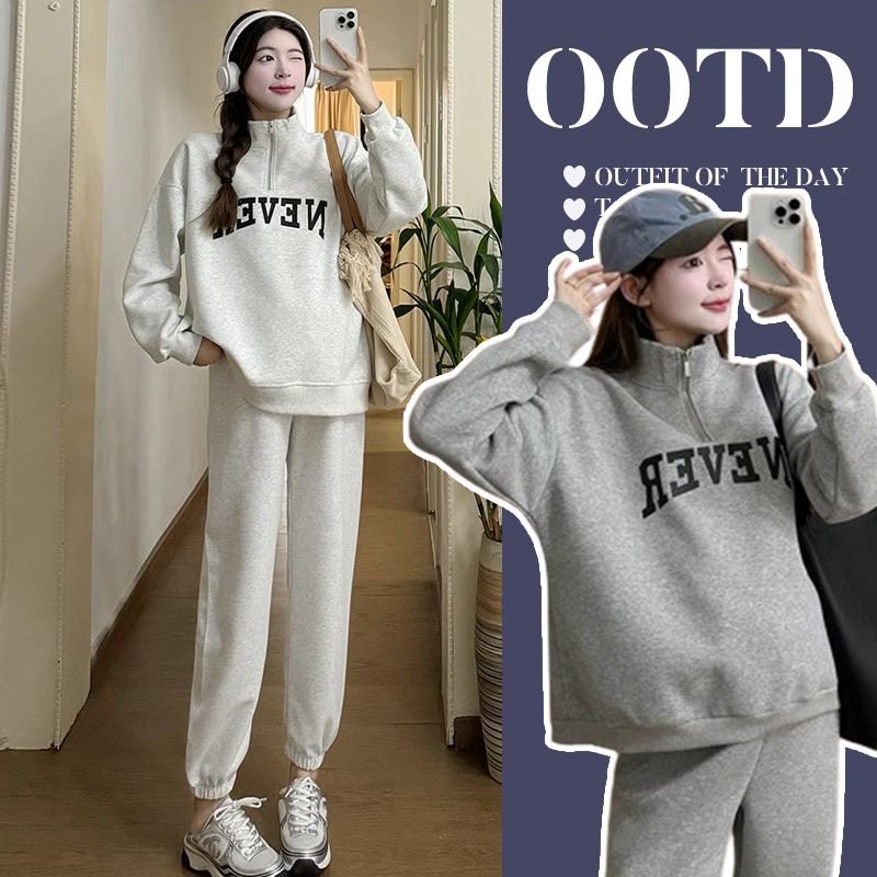 孕妇套装2025新款时尚小个子宽松卫衣休闲加绒保暖托腹长裤两件套