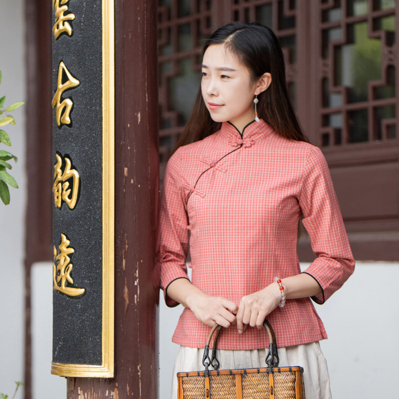 玉想【若水】中式原创文艺女装手工扣棉布格子修身短款七分袖上衣