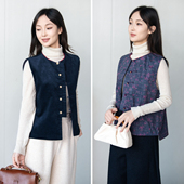 玉想双玉 原创女文艺复古手工盘扣宽松灯芯绒全棉碎花背心 新中式