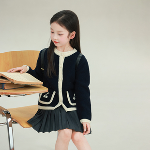 宝儿圆领针织衫 新款 上衣 2026春季 大耳象女童撞色边樱桃毛衣开衫