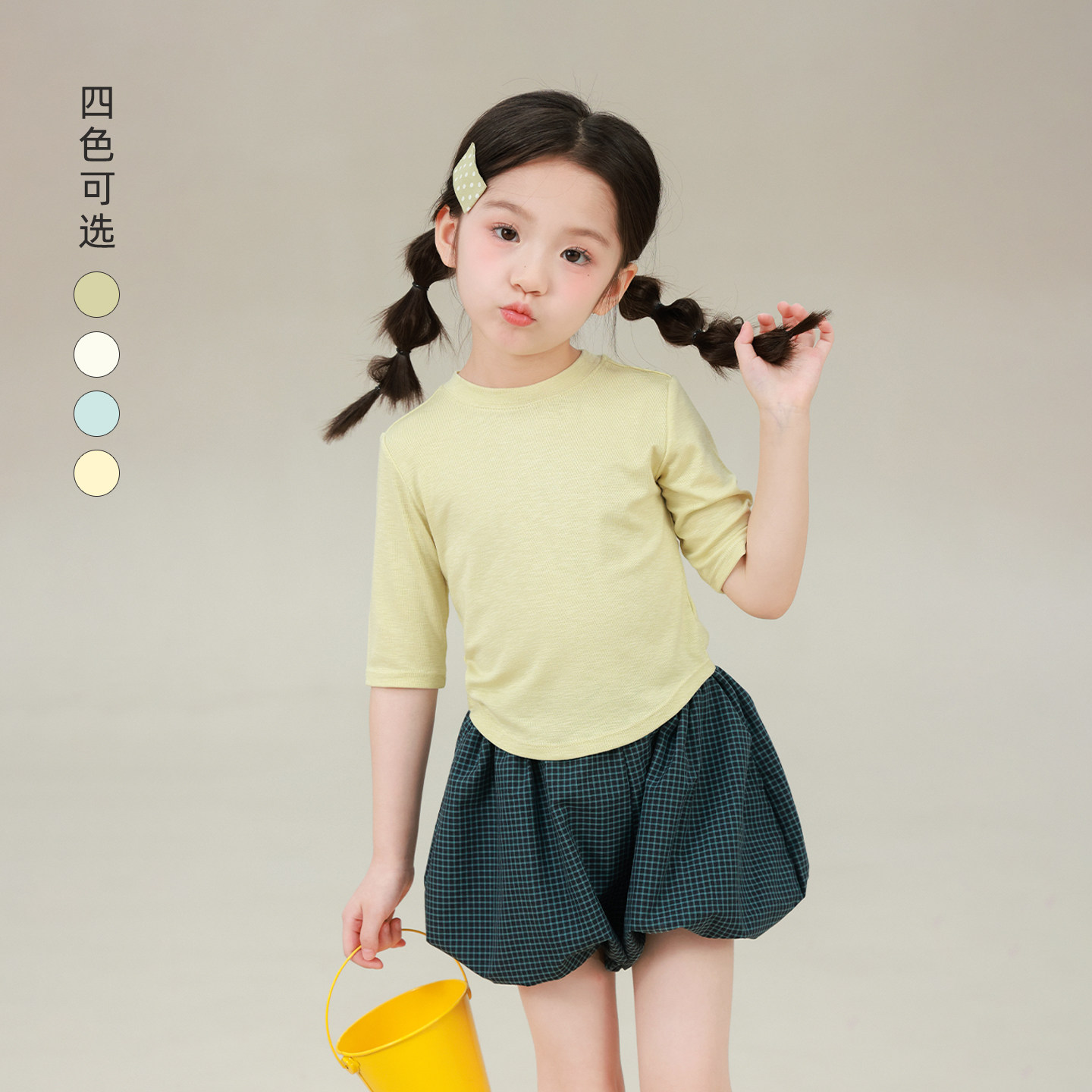 大耳象女童纯色T恤2026夏季新款宝儿五分袖简约休闲百搭短袖上衣