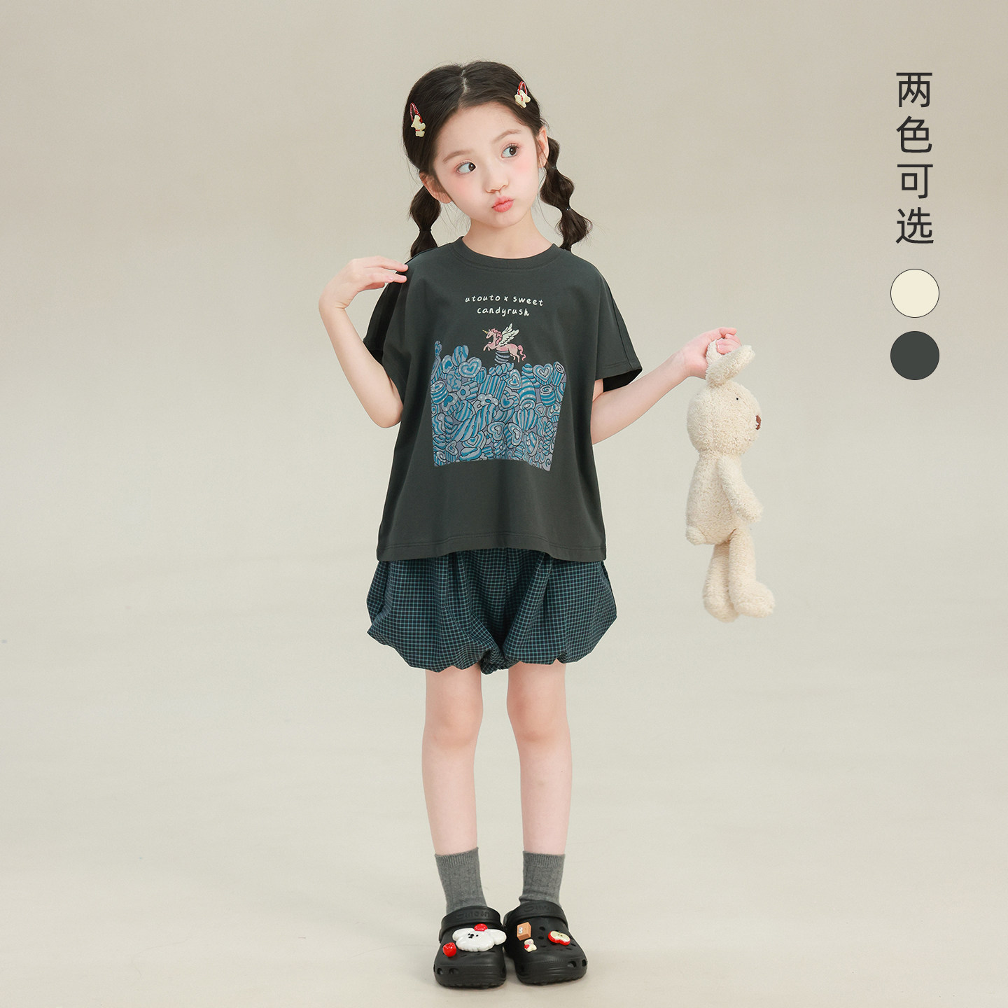 大耳象女童落肩小马印花T恤2026夏季新款宝儿纯棉甜酷风宽松上衣 - 实物图