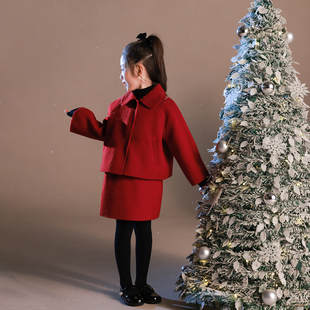 新宝儿纯羊毛保暖套装 大耳象女童翻领双面呢短款 大衣纯色半裙冬季