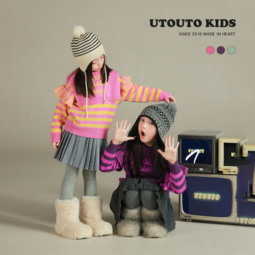 utouto冬季三色木耳边条纹毛衣