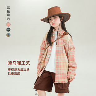 宝儿纯棉休闲百搭长袖 新款 外套 2026春季 大耳象女童毛须边格子衬衫