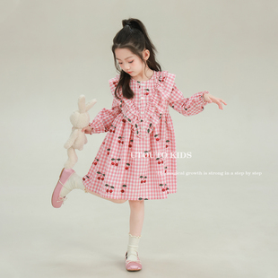 大耳象女童樱桃格子连衣裙2026春季 宝儿甜美俏皮木耳边裙子 新款