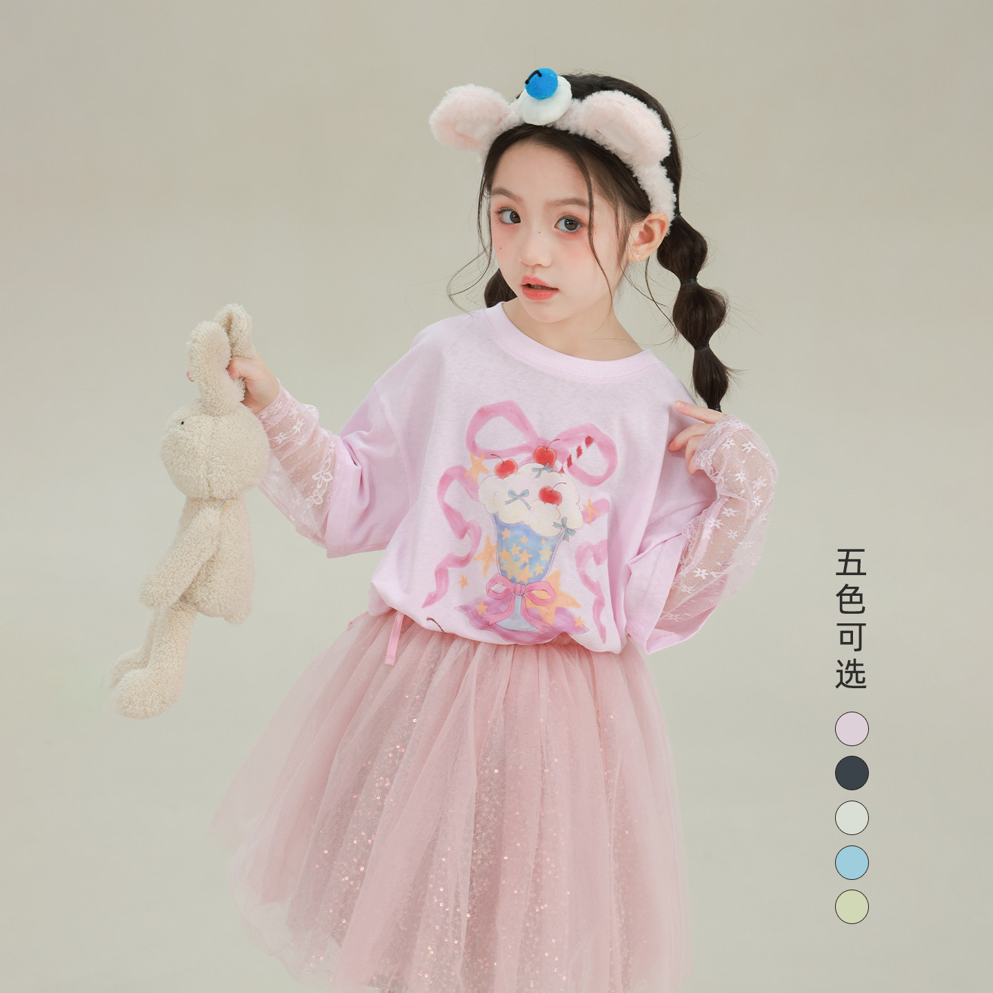 大耳象女童蕾丝袖印花T恤2026春夏新款宝儿假两件休闲百搭上衣