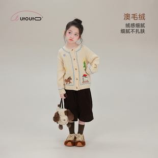 大耳象女童手工钩花毛衣开衫2026冬季新款宝儿小马企鹅圣诞树上衣