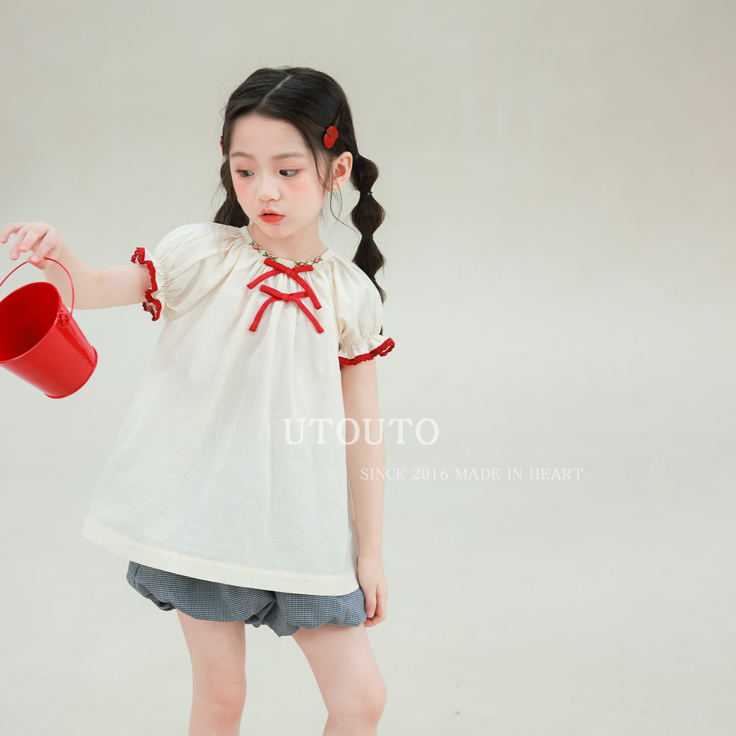 大耳象女童蝴蝶结花边小衫2026夏季新款宝儿纯棉泡泡袖可爱薄上衣