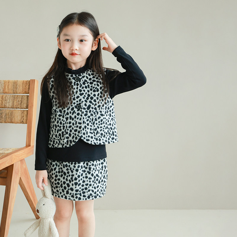 大耳象女童豹纹马甲 豹纹半裙秋季新款女孩时尚套装
