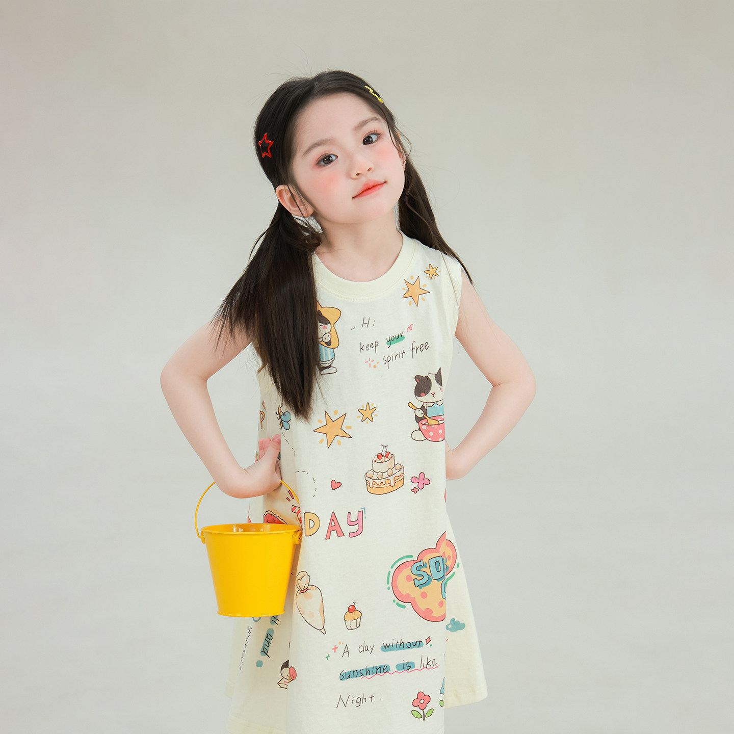 大耳象女童满印背心裙2026夏季新款宝儿纯棉小猫童趣无袖薄裙子