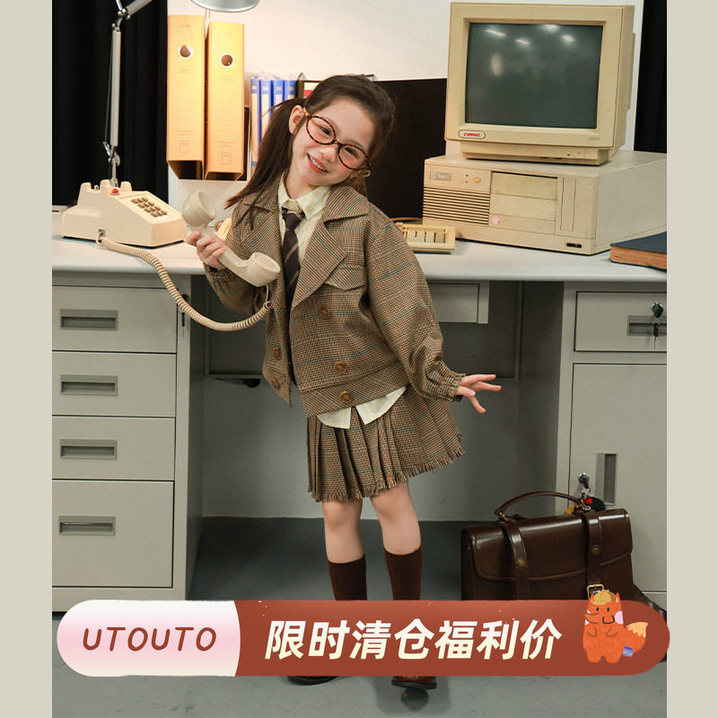 大耳象女童翻领格子外套百褶半裙秋季新款宝儿修身学院风短裙套装