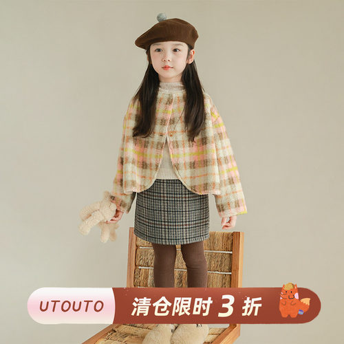 utouto冬季格纹毛呢外套