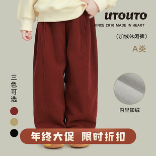 宝儿休闲直筒百搭保暖厚裤 新款 子 冬季 大耳象女童纯色加绒休闲裤