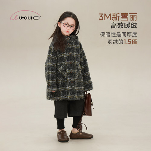 大耳象女童格子连帽毛呢大衣2026冬季新款宝儿3M新雪丽夹棉厚外套