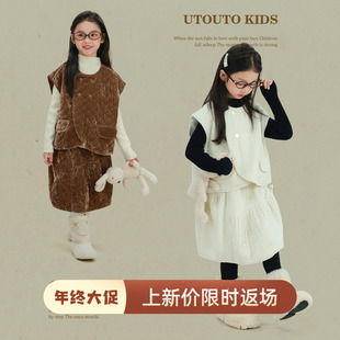 宝儿保暖加厚套装 大耳象女童双排扣棉马甲不规则棉半裙冬季 新款