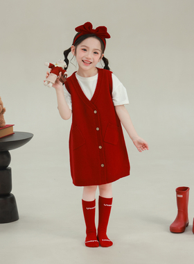 大耳象女童口袋毛衣背心裙2026春季新款宝儿纯羊毛针织无袖裙子