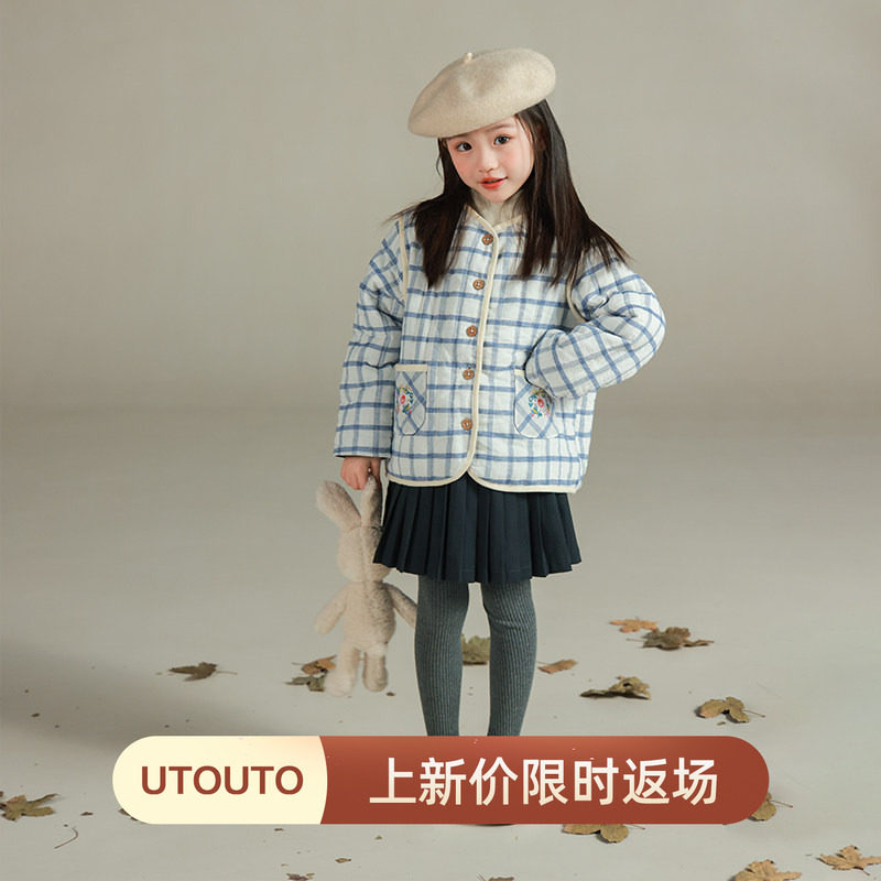 大耳象女童刺绣口袋格纹棉服冬季新款宝儿厚上衣保暖防寒上衣外套
