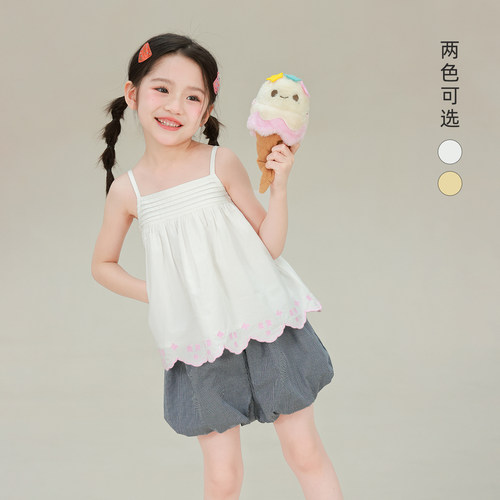 大耳象女童刺绣花边吊带2026夏季新款宝儿甜美精致波浪花边薄上衣