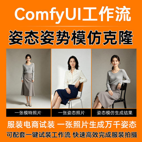 comfyui姿态控制工作流姿势模仿克隆服装电商一键换装试装+放大流