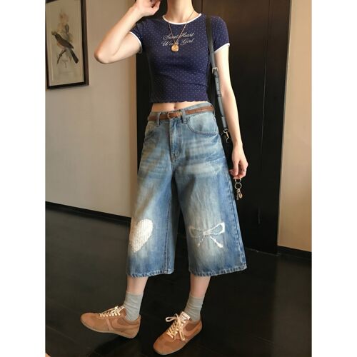 美式复古爱心蝴蝶结七分牛仔裤女2026新款夏季宽松刺绣设计阔腿裤