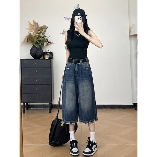乔栈美式复古磨破宽松七分牛仔裤女夏季薄款高腰松弛感休闲汽水裤