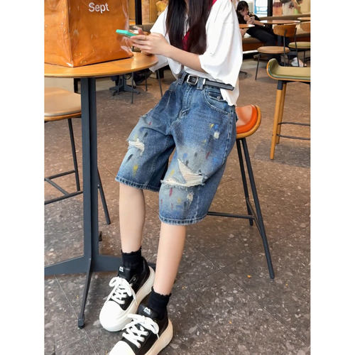大码破洞a字五分牛仔短裤女夏季胖mm复古美式高腰直筒阔腿中裤子
